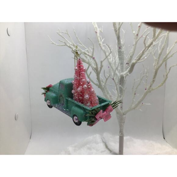 Farmhouse Truck Christmas Ornament -Green Pink Bottle Brush Trees Hand Decorated - Picture 2 of 11